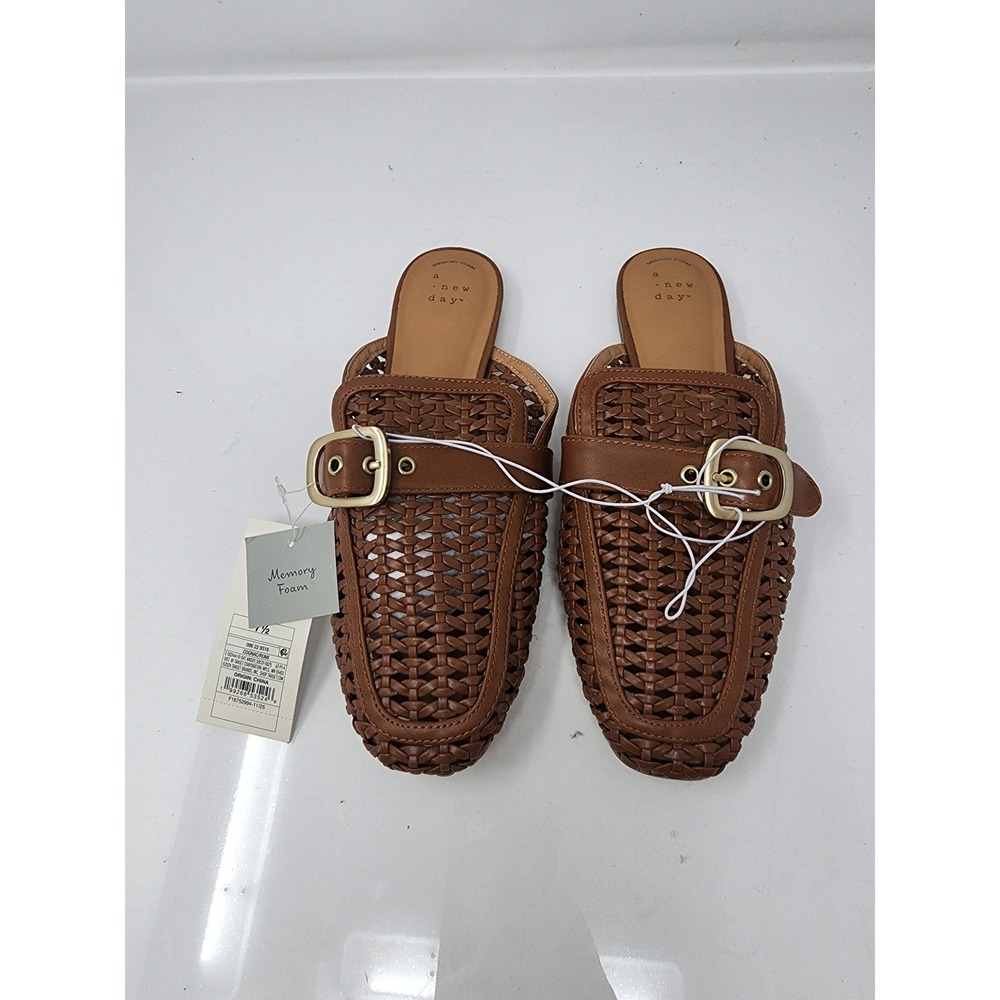 A New Day Womens Woven Buckle Mules Brown Faux Leather Casual Size 7.5